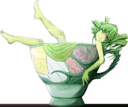Rule 34 | 1girl, ;), alpha transparency, barefoot, colored skin, commentary, cup, elemental (creature), green hair, green skin, in container, in cup, legs up, looking at viewer, mini person, minigirl, monster girl encyclopedia, nanostar, one eye closed, pointy ears, red eyes, smile, solo, spirit, sylph (monster girl encyclopedia), transparent background, v, white background, wind elemental