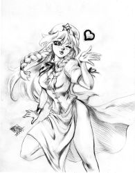 Rule 34 | 1girl, absurdres, bare legs, blowing kiss, braid, china dress, chinese clothes, colored pencil (medium), dress, female focus, graphite (medium), greyscale, hat, heart, highres, hong meiling, lips, long hair, long skirt, matias soto, matiassoto, monochrome, one eye closed, side slit, signature, sketch, skirt, solo, star (symbol), touhou, traditional media, twin braids, wink