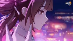 Rule 34 | bare shoulders, brown hair, building, chinese clothes, city, city lights, close-up, furrowed brow, highres, honkai (series), honkai impact 3rd, li sushang, li sushang (jade knight), logo, long hair, looking to the side, official art, official wallpaper, outdoors, upper body, white headwear