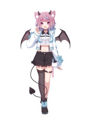 Rule 34 | 1girl, :d, absurdres, animal ears, bat ears, bat wings, black choker, black footwear, black shorts, black thighhighs, choker, collared shirt, crop top, demon horns, demon tail, frills, full body, hand up, high-waist shorts, highres, horns, iriam, jacket, long hair, looking at viewer, midriff, multicolored hair, navel, official art, open clothes, open jacket, open mouth, pink hair, sakuma miku, sapphire (sapphire25252), shirt, shoes, short shorts, shorts, single thighhigh, smile, solo, standing, straight-on, streaked hair, suspenders, tail, thigh strap, thighhighs, virtual youtuber, white jacket, white shirt, wings
