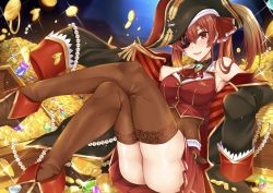 Rule 34 | 1girl, absurdres, ass, brown thighhighs, crossed legs, eyepatch, gold, gu li, hat, hat feather, highres, hololive, houshou marine, houshou marine (1st costume), legs up, looking at viewer, pirate hat, red eyes, red hair, solo, thighhighs, thighs, treasure, treasure chest, twintails, virtual youtuber