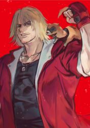 Rule 34 | 1boy, animal, black gloves, black tank top, blonde hair, clenched hand, facial hair, fingerless gloves, gloves, highres, jacket, jewelry, ken masters, looking at viewer, male focus, muscular, muscular male, necklace, open clothes, open jacket, otsudou, red background, red jacket, short hair, simple background, smile, street fighter, street fighter 6, tank top