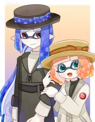 Rule 34 | 1boy, 1girl, aqua eyes, artist name, black coat, black headwear, blue bow, blue hair, border, bow, brown headwear, closed mouth, coat, commentary, gradient background, hat, hat bow, highres, inkling, inkling boy, inkling girl, inkling player character, jacket, long hair, looking at viewer, multicolored background, nintendo, open mouth, orange bow, orange hair, outside border, pointy ears, red eyes, short hair, smile, splatoon (series), symbol-only commentary, tentacle hair, tonbofree, twitter username, white border, white jacket