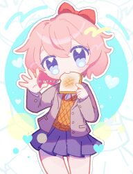 Rule 34 | 1girl, anzen robo (474zz), aqua background, black skirt, blue eyes, blush, bow, bread slice, brown sweater vest, buttons, circle, closed mouth, commentary, cowboy shot, doki doki literature club, dress shirt, english commentary, food, food in mouth, grey jacket, hair between eyes, hair bow, hair intakes, hands up, heart, highres, holding, holding food, jacket, lapels, long sleeves, looking at viewer, mouth hold, neck ribbon, open clothes, open jacket, outline, pink hair, pleated skirt, red bow, red ribbon, ribbon, sayori (doki doki literature club), school uniform, shirt, short hair, sidelocks, simple background, skirt, solo, sweater vest, toast, toast in mouth, waving, white background, white outline, white shirt