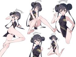 Rule 34 | +++, 1girl, arms between legs, bare legs, bare shoulders, barefoot, black hair, black panties, blue archive, breasts, butterfly hair ornament, china dress, chinese clothes, commentary, deatheach, double bun, dragon print, dress, grey eyes, hair bun, hair ornament, highres, kisaki (blue archive), leg up, long hair, looking at viewer, multiple views, open mouth, panties, pelvic curtain, side slit, simple background, sleeveless, sleeveless dress, small breasts, sparkle, underwear, v, white background