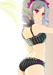Rule 34 | 10s, 1girl, arched back, ass, back, bare shoulders, black bra, black panties, blush, bow, bra, breasts, cowboy shot, drill hair, from behind, grey hair, hair bow, idolmaster, idolmaster cinderella girls, kanzaki ranko, looking back, open mouth, panties, pochi (pochi-goya), red eyes, short hair, solo, twin drills, twintails, underwear, underwear only