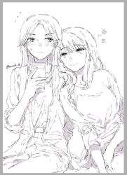 Rule 34 | 2girls, blush, border, cellphone, commentary request, earrings, grey border, greyscale, highres, holding, holding phone, jewelry, long hair, monochrome, multiple girls, muromaki, original, phone, sidelocks, simple background, sketch, sleeves past elbows, smartphone, sweatdrop, twitter username, yuri