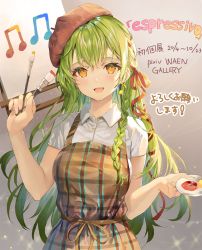 Rule 34 | 1girl, :d, apron, braid, breasts, brown apron, canvas (object), collared shirt, earrings, green hair, hair ribbon, hand up, highres, holding, jewelry, long hair, looking at viewer, medium breasts, momoko (momopoco), musical note, open mouth, orange eyes, original, paintbrush, plaid, red headwear, red ribbon, ribbon, shirt, short sleeves, sidelocks, smile, solo, upper body, white shirt