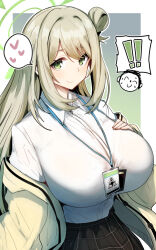 Rule 34 | !, !!, 1boy, 1girl, doodle sensei (blue archive), black skirt, blonde hair, blue archive, blush, breasts, collared shirt, dress shirt, gin moku, green eyes, hair bun, halo, heart, highres, huge breasts, id card, jacket, lanyard, long hair, long sleeves, looking at viewer, nonomi (blue archive), off shoulder, open clothes, open jacket, plaid, plaid skirt, pleated skirt, sensei (blue archive), shirt, single side bun, skirt, smile, solo focus, spoken heart, white shirt, yellow jacket