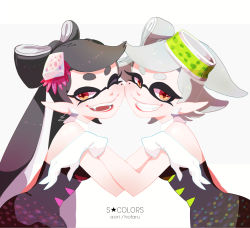 Rule 34 | 2girls, ;d, bare shoulders, black hair, callie (splatoon), character name, cheek-to-cheek, detached collar, dress, earrings, fangs, food, food on head, gloves, grin, heads together, highres, holding hands, inkling, jewelry, long hair, marie (splatoon), mole, mole under eye, multiple girls, nintendo, object on head, one eye closed, open mouth, pointy ears, seto (ao), seto (asils), short hair, silver hair, simple background, smile, splatoon (series), splatoon 1, strapless, strapless dress, sushi, symmetry, tentacle hair, white gloves