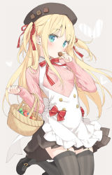 Rule 34 | 1girl, apron, basket, beret, black footwear, black hat, black skirt, blonde hair, blush, bow, breasts, candy wrapper, closed mouth, commentary request, food, frilled apron, frills, garter straps, green eyes, grey thighhighs, hair bow, hand up, hat, highres, holding, holding food, kani biimu, long hair, long sleeves, original, pink shirt, pleated skirt, red bow, ribbed shirt, shimotsuki potofu, shirt, shoes, skirt, sleeves past wrists, small breasts, solo, striped bow, striped clothes, striped thighhighs, thighhighs, two side up, vertical-striped clothes, vertical-striped thighhighs, very long hair, white apron