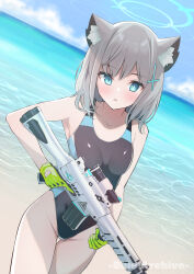 Rule 34 | 1girl, absurdres, animal ear fluff, animal ears, assault rifle, beach, black one-piece swimsuit, blue archive, blue eyes, blue sky, breasts, cloud, competition swimsuit, cowboy shot, cross hair ornament, day, dutch angle, extra ears, gloves, green gloves, grey hair, gun, hair ornament, halo, highres, horizon, kojima takeshi, medium breasts, medium hair, mismatched pupils, multicolored clothes, multicolored swimsuit, ocean, official alternate costume, one-piece swimsuit, outdoors, rifle, shiroko (blue archive), shiroko (swimsuit) (blue archive), sky, solo, swimsuit, weapon, wolf ears