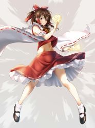 Rule 34 | 1girl, ascot, bare legs, bare shoulders, black footwear, bobby socks, bow, brown eyes, brown hair, clothes lift, commentary request, crop top, detached sleeves, frilled bow, frills, full body, grey background, hair bow, hair tubes, hakurei reimu, half updo, hand up, holding, long sleeves, looking at viewer, mary janes, midriff, navel, ofuda, parted lips, petticoat, red bow, red skirt, shoes, short hair, sidelocks, simple background, skirt, skirt set, socks, solo, stomach, thighs, touhou, wakusei-planet, white socks, wide sleeves, yellow ascot