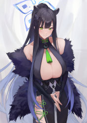 Rule 34 | 1girl, animal ears, black dress, black hair, blue archive, blue hair, breasts, bridal gauntlets, china dress, chinese clothes, cleavage, commentary, dress, green eyes, hair ornament, halo, highres, large breasts, long hair, looking at viewer, multicolored hair, shun (blue archive), simple background, sleeveless, sleeveless dress, smile, solo, steepled fingers, suna6080, tassel, tiger ears, very long hair