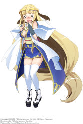 Rule 34 | 1girl, absurdly long hair, arksign, blonde hair, blue eyes, blush, breasts, bridal gauntlets, cleavage, full body, hand to own mouth, highres, kimura shigetaka, knees together feet apart, long hair, low-tied long hair, no nose, o o, obi, official art, open mouth, platform footwear, sash, shawl, simple background, solo, teardrop, thighhighs, tiara, very long hair, white thighhighs, yui (arksign)
