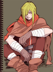 Rule 34 | &gt;:(, 1boy, bandaged arm, bandaged leg, bandages, belt, blonde hair, boots, brown background, brown cape, brown footwear, brown pants, cape, claws, commentary request, doramukanotoko, fingernails, frown, hair over one eye, hand up, knee up, long fingernails, long hair, male focus, multiple belts, orange scarf, oversized limbs, pants, scar, scar on face, scarf, sharp fingernails, sharp teeth, simple background, sitting, sketch, sketchbook, sleeveless, solo, teeth, tengen toppa gurren lagann, v-shaped eyebrows, viral (ttgl), yellow eyes