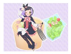 Rule 34 | 1girl, ;d, black capelet, black dress, black footwear, black hair, boots, capelet, cherry tomato, commentary request, demon tail, dress, food, fork, full body, green eyes, highres, holding, holding fork, ice skates, knee boots, kuromi, looking at viewer, mea (meari mr), multicolored hair, one eye closed, onegai my melody, open mouth, pretty rhythm, pretty rhythm rainbow live, pretty series, purple hair, salad, sanrio, short hair, sitting, skates, smile, solo, suzuno ito, tail, tomato