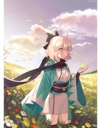 Rule 34 | 1girl, absurdres, ahoge, belt, black belt, black bow, black scarf, blonde hair, bow, breasts, closed mouth, cloud, cloudy sky, evening, fate/grand order, fate (series), field, flower, grass, green kimono, hair between eyes, hair bow, highres, japanese clothes, joodaru, kimono, long sleeves, multicolored clothes, multicolored kimono, okita souji (fate), petals, red flower, scarf, short hair, sky, small breasts, smile, solo, standing, sunlight, white kimono, yellow eyes, yellow flower