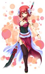 Rule 34 | 1girl, breasts, china dress, chinese clothes, cleavage, cleavage cutout, clothing cutout, dress, garter straps, highres, hisen kaede, kikyou-0423, obi, original, polearm, red eyes, red hair, sash, short hair, side slit, solo, thighhighs, weapon, yellow eyes
