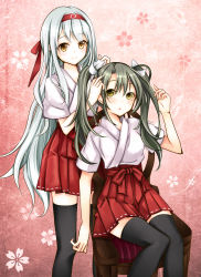 Rule 34 | 10s, 2girls, :o, absurdres, artist name, bad id, bad pixiv id, black legwear, brown eyes, brown hair, chair, hair ribbon, hairband, hairdressing, highres, japanese clothes, kantai collection, long hair, looking up, multiple girls, personification, ribbon, shoukaku (kancolle), silver hair, sitting, smile, standing, thighhighs, twintails, youme, zuikaku (kancolle)