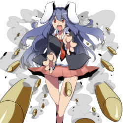 Rule 34 | 1girl, animal ears, blouse, blue hair, breasts, bullet, female focus, firing, jacket, long hair, looking at viewer, medium breasts, necktie, open mouth, ppera, rabbit ears, red eyes, red necktie, reisen udongein inaba, shirt, skirt, smoke, solo, touhou, white background