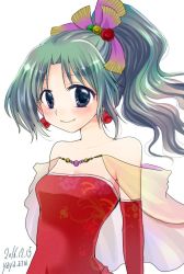 Rule 34 | 1girl, bare shoulders, blue eyes, breasts, cape, closed mouth, dated, detached sleeves, dress, earrings, final fantasy, final fantasy vi, green hair, jewelry, long hair, looking at viewer, ponytail, ribbon, simple background, smile, solo, tina branford, white background, yaya (yayaya)