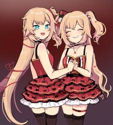 Rule 34 | 2girls, akai haato, akai haato (gothic lolita), aqua eyes, bare shoulders, blonde hair, blush, bow, breasts, choker, cleavage, commentary, dress, dual persona, frilled dress, frills, gradient background, hair bow, hair ornament, hair ribbon, heart, heart hair ornament, heart necklace, highres, himuhino, hololive, interlocked fingers, jewelry, looking at viewer, looking back, multiple girls, nail polish, necklace, open mouth, red background, red dress, red nails, ribbon, smile, thigh strap, thighhighs, virtual youtuber, zettai ryouiki