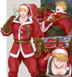 Rule 34 | 1boy, alternate costume, bad id, bad twitter id, bara, bare pectorals, blonde hair, blush, brown gloves, christmas, christmas tree, collage, feet out of frame, fur-trimmed jacket, fur trim, gloves, granblue fantasy, green eyes, hat, highres, jacket, large pectorals, lying, male focus, migi (mm86262394), multiple views, muscular, muscular male, navel, on back, on stomach, open clothes, pectoral cleavage, pectoral press, pectorals, pointing, pointing at self, red headwear, santa costume, santa hat, shibari, short hair, spread legs, translation request, vane (granblue fantasy)