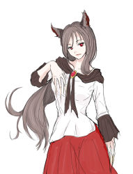Rule 34 | animal ears, black sleeves, brooch, brown hair, claws, double dealing character, dress, fangs, fingernails, frilled sleeves, frills, imaizumi kagerou, jewelry, kashiwada kiiho, lipstick, long fingernails, long hair, long sleeves, makeup, red brooch, red eyes, red skirt, skirt, touhou, white background, white dress, wolf ears