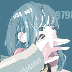 Rule 34 | 1girl, absurdres, blue background, blue eyes, blue hair, choppy bangs, covering own mouth, earrings, hand on own face, hashtag, headphones, headphones around neck, highres, jewelry, long bangs, long hair, long sleeves, looking at viewer, no pupils, nocopyrightgirl, original, pale skin, portrait, red headphones, shirt, sidelocks, simple background, solo, straight hair, yellow shirt