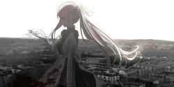 Rule 34 | 1girl, absurdres, apron, black dress, blood, blurry, blurry background, brown eyes, chihuri, cityscape, closed mouth, commentary request, day, depth of field, dress, from side, glitch, hair ribbon, hand up, highres, juliet sleeves, long hair, long sleeves, original, outdoors, pink hair, ponytail, profile, puffy sleeves, ribbon, see-through, shirt, sleeveless, sleeveless dress, solo, very long hair, waist apron, white apron, white shirt, yana (chihuri)