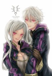 Rule 34 | 1boy, 1girl, breasts, brown gloves, cleavage, closed mouth, copyright name, fire emblem, fire emblem awakening, gloves, grima (fire emblem), hood, hood down, long sleeves, nintendo, open clothes, open robe, parted lips, red eyes, robe, robin (female) (fire emblem), robin (fire emblem), robin (male) (fire emblem), shimizu akina, short hair, simple background, twintails, upper body, white background, white hair