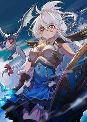 Rule 34 | 1girl, absurdres, armor, armored dress, black thighhighs, blue dress, blue sky, bow, breastplate, breasts, brown gloves, chinese commentary, cloud, commentary request, cowboy shot, dark-skinned female, dark skin, day, dragon, dress, faulds, gloves, granblue fantasy, hair between eyes, highres, holding, holding shield, holding sword, holding weapon, kongbai huanxiang, long hair, looking at viewer, medium breasts, outdoors, panties, parted lips, red bow, red eyes, shield, sky, sleeveless, sleeveless dress, solo, sword, thighhighs, underwear, weapon, white hair, white panties, wind, wind lift, zooey (granblue fantasy)