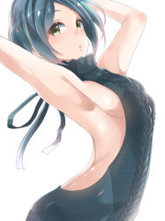 Rule 34 | 10s, 1girl, aran sweater, arched back, armpits, arms up, backless dress, backless outfit, bad id, bad pixiv id, blue hair, breasts, cable knit, commentary request, drawstring, dress, green eyes, halterneck, hayami kanade, highres, idolmaster, idolmaster cinderella girls, looking at viewer, medium breasts, meme attire, murabito c, naked sweater, parted lips, ribbed sweater, short hair, sideboob, simple background, solo, sweater, sweater dress, turtleneck, turtleneck sweater, upper body, virgin killer sweater, white background