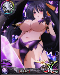 Rule 34 | 1girl, black hair, blush, breast curtains, breasts, card (medium), chess piece, crystal, demon girl, demon wings, elbow gloves, gloves, hair between eyes, high school dxd, high school dxd cross, himejima akeno, large breasts, looking at viewer, navel, official art, ponytail, purple eyes, queen (chess), solo, thighhighs, wings