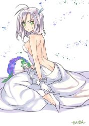 Rule 34 | &gt;:(, 10s, 1girl, ahoge, artist name, ass, bare back, bare shoulders, bouquet, bride, dress, flower, frown, full body, gloves, green eyes, hair ornament, high heels, holding, kantai collection, kinugasa (kancolle), long hair, looking at viewer, looking back, no socks, petals, pink hair, sensen, shoes, simple background, sitting, solo, twintails, v-shaped eyebrows, wedding dress, white background, white dress, white footwear, white gloves