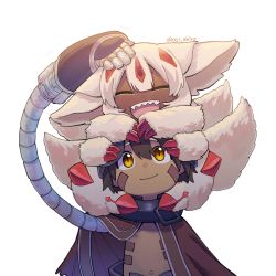 Rule 34 | 021 shiro, 1boy, 1girl, brown eyes, claws, cloak, closed eyes, dark-skinned female, dark skin, extra arms, extra tails, faputa, happy, headpat, highres, made in abyss, mechanical arms, outie navel, regu (made in abyss), sharp teeth, sitting, sitting on head, sitting on person, smile, stomach, teeth, white fur, white hair