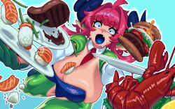 Rule 34 | 1girl, ahoge, between breasts, blue eyes, blue leotard, blue tongue, breasts, burger, cleavage, colored skin, colored tongue, constricted pupils, dragon girl, dragon horns, eigaka, fang, fish (food), food, green skin, hair intakes, holding, holding plate, horns, large breasts, leotard, lobster, monster girl, multicolored skin, necktie, necktie between breasts, nigirizushi, nina (eigaka), open mouth, original, pink hair, plate, red necktie, sashimi, short hair, short hair with long locks, sidelocks, solo, steak, sushi