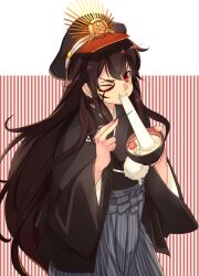 1girl black_hair bowl chopsticks eating echo_(circa) facepaint fate/grand_order fate_(series) food hakama hakama_skirt hat japanese_clothes kimono long_hair military_hat mochi mochi_trail new_year oda_nobunaga_(fate) oda_nobunaga_(koha-ace) one_eye_closed peaked_cap red_eyes skirt solo striped_background zouni_soup