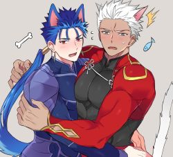 Rule 34 | 2boys, animal ears, archer (fate), armor, blue armor, blue hair, blush, bone, cat boy, cat ears, cat tail, cu chulainn (fate), dog boy, dog ears, dog tail, earrings, fate/grand order, fate (series), fish, flying sweatdrops, grey eyes, highres, hug, jewelry, large pectorals, long hair, looking at viewer, male focus, multiple boys, muscular, muscular male, open mouth, pectorals, red eyes, seum (kao husband), short hair, shrug (clothing), sweatdrop, tail, white hair