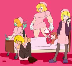 Rule 34 | 5girls, alice margatroid, alternate costume, bed, black legwear, blonde hair, blue eyes, blue gloves, blunt bangs, blush, breasts, brown hair, closed eyes, closed mouth, commentary request, cookie (touhou), dress, food-themed hair ornament, full body, gloves, gun, hair between eyes, hair ornament, hair over eyes, hand wraps, handgun, hat, highres, hinase (cookie), holding, holding gun, holding weapon, ichigo (cookie), jacket, jigen (cookie), large breasts, long hair, looking afar, looking to the side, lying, mask, mouth mask, multiple girls, nurse, nurse cap, on back, open mouth, pantyhose, pink background, pink dress, purple eyes, purple footwear, purple jacket, revolver, sakuranbou (cookie), scotch (cookie), short hair, short sleeves, simple background, slippers, strawberry hair ornament, stuffed animal, stuffed rabbit, stuffed toy, surgical mask, surgical scissors, taisa (cookie), touhou, under covers, walkie-talkie, wavy mouth, weapon