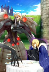 Rule 34 | 1boy, 1girl, absurdres, black sclera, blonde hair, breasts, claws, colored sclera, cup, dimitri alexandre blaiddyd, dress, edelgard von hresvelg, eyepatch, fire emblem, fire emblem: three houses, food, giant, giantess, hair bun, edelgard von hresvelg (hegemon husk), highres, monster girl, nintendo, pastry, red eyes, single hair bun, small breasts, spoilers, table, tea, teacup, white hair