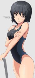 Rule 34 | 1girl, absurdres, amagami, black hair, black one-piece swimsuit, bob cut, brown eyes, competition swimsuit, dated, highres, looking at viewer, mitojyaneeeeyo, nanasaki ai, one-piece swimsuit, pool ladder, short hair, solo, swimsuit, twitter username, two-tone swimsuit, watermark