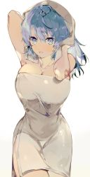 Rule 34 | 1girl, bad id, bad twitter id, blue eyes, blue hair, blush, breasts, byleth (female) (fire emblem), byleth (fire emblem), closed mouth, covering privates, fire emblem, fire emblem: three houses, hair ornament, highres, large breasts, long hair, looking at viewer, medium hair, meunhongcha, naked towel, nintendo, soaking feet, solo, steam, towel, wet towel, white background, white towel