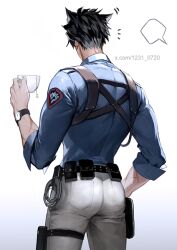 Rule 34 | 1boy, arm at side, belt, black hair, blank speech bubble, blue shirt, chest harness, coffee cup, colored skin, cowboy shot, cuffs, cup, disposable cup, from behind, genshin impact, hand up, handcuffs, harness, holding, holding cup, holster, male focus, np (1231 0720), pants, police, police uniform, scar, scar on arm, shirt, short hair, sleeves rolled up, solo, speech bubble, teabag, thigh holster, tight clothes, tight pants, toned, toned male, uniform, utility belt, watch, white background, white pants, white skin, wriothesley (genshin impact), wristwatch