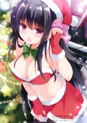 Rule 34 | 1girl, absurdres, bare arms, bare shoulders, black hair, black pantyhose, blurry, blush, bokeh, bow, bowtie, breasts, christmas, christmas tree, cleavage, crop top, depth of field, fingerless gloves, fur trim, gloves, green bow, green bowtie, hand up, hat, highres, kujou danbo, leaning forward, long hair, looking at viewer, medium breasts, midriff, miniskirt, navel, non-web source, open mouth, original, pantyhose, pink bow, purple eyes, red gloves, red hat, red skirt, santa hat, scan, sidelocks, skirt, sleeveless, snowflakes, solo, standing, star (symbol), stomach, sweat, very long hair
