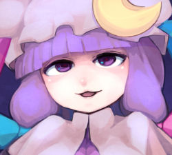 Rule 34 | 1girl, :3, blue bow, blunt bangs, blush, bow, crescent, crescent moon, hair bow, hat, hospital king, lips, long hair, mob cap, moon, open mouth, patchouli knowledge, pink bow, purple eyes, purple hair, purple theme, smile, solo, touhou, upper body