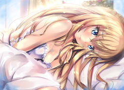 Rule 34 | 1girl, blonde hair, blue eyes, blush, breasts, cleavage, closed mouth, gc3, goblin slayer!, hair between eyes, long hair, looking at viewer, lying, medium breasts, on side, pillow, priestess (goblin slayer!), shiny skin, smile, solo, straight hair, strapless, under covers, very long hair