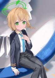Rule 34 | 1girl, absurdres, alternate costume, arm support, black jacket, black pants, blonde hair, blue archive, blue necktie, closed mouth, collared shirt, commentary request, feet out of frame, green eyes, halo, hand up, highres, jacket, kenma pro, knees together feet apart, long hair, looking at viewer, midori (blue archive), necktie, open clothes, open jacket, pants, shirt, sitting, smile, solo, twitter username, white shirt