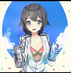 Rule 34 | 10s, 1girl, :d, beer can, bikini, bikini top only, black hair, blue eyes, blue sky, blush, can, cloud, collarbone, day, drink can, grey eyes, hayasui (kancolle), heavens thunder (byakuya-part2), jacket, kantai collection, long sleeves, looking at viewer, open clothes, open jacket, open mouth, short hair, sky, smile, solo, swimsuit, track jacket, zipper
